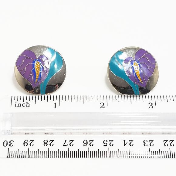 Vintage Laurel Burch "Antherium" Earrings, Rhodium Plated, 1980s Vintage Jewelry - Picture 7 of 10